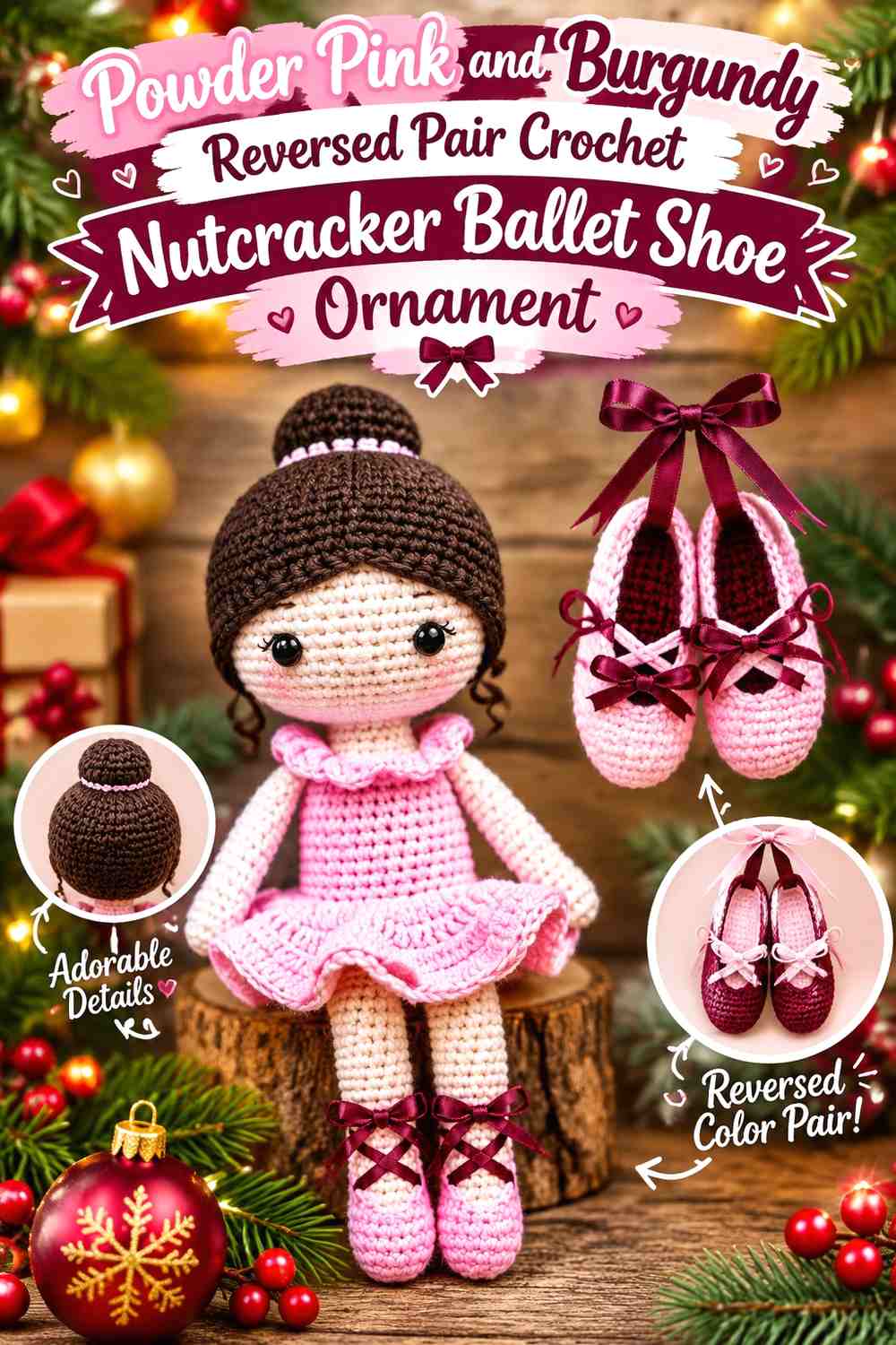 Powder Pink and Burgundy Reversed Pair Crochet Nutcracker Ballet Shoe Ornament