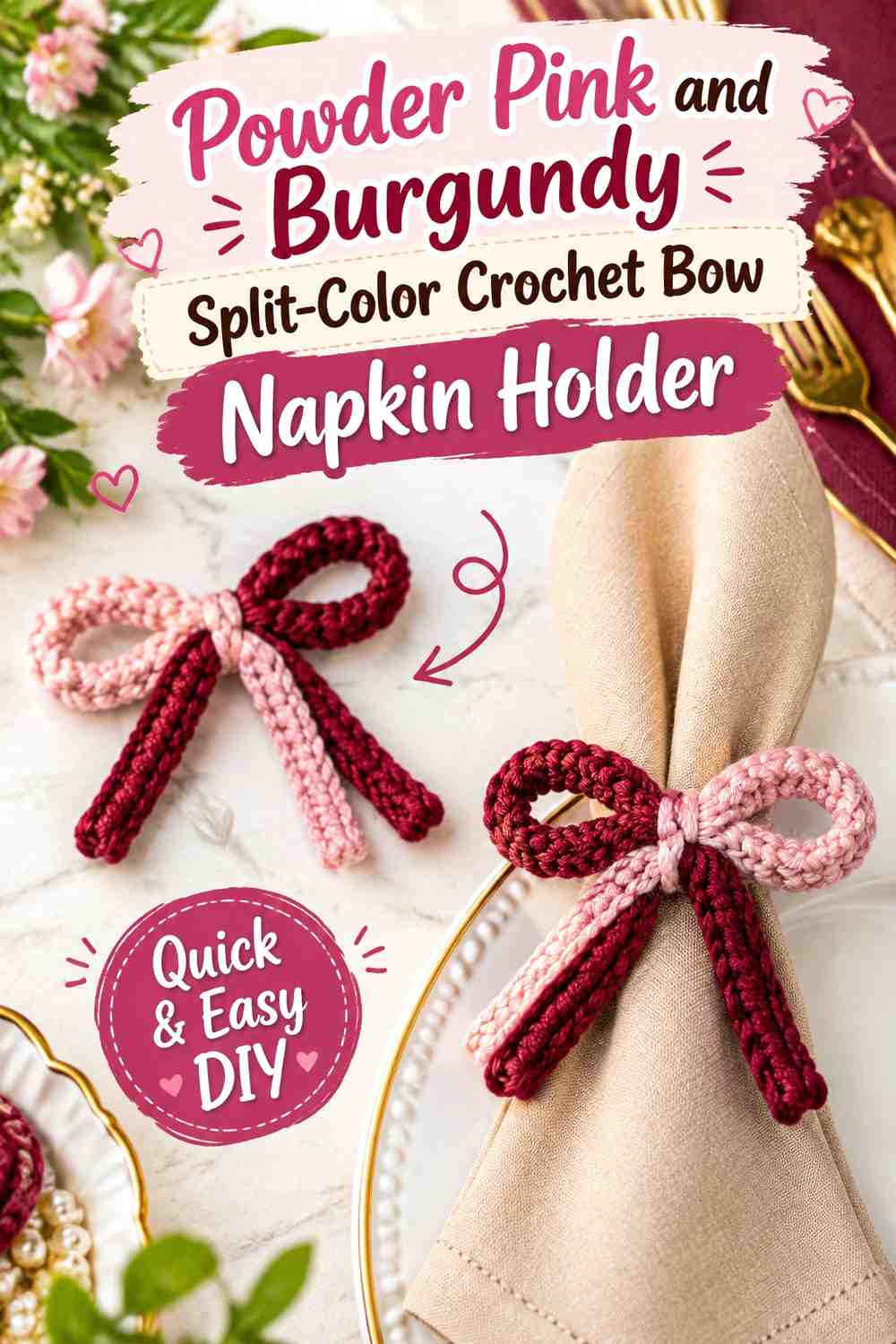 Powder Pink and Burgundy Split-Color Crochet Bow Napkin Holder
