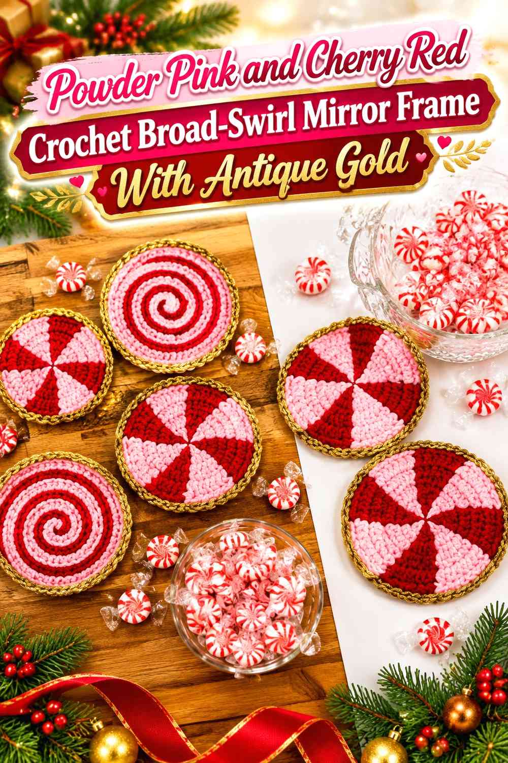 Powder Pink and Cherry Red Crochet Broad-Swirl Mirror Frame With Antique Gold