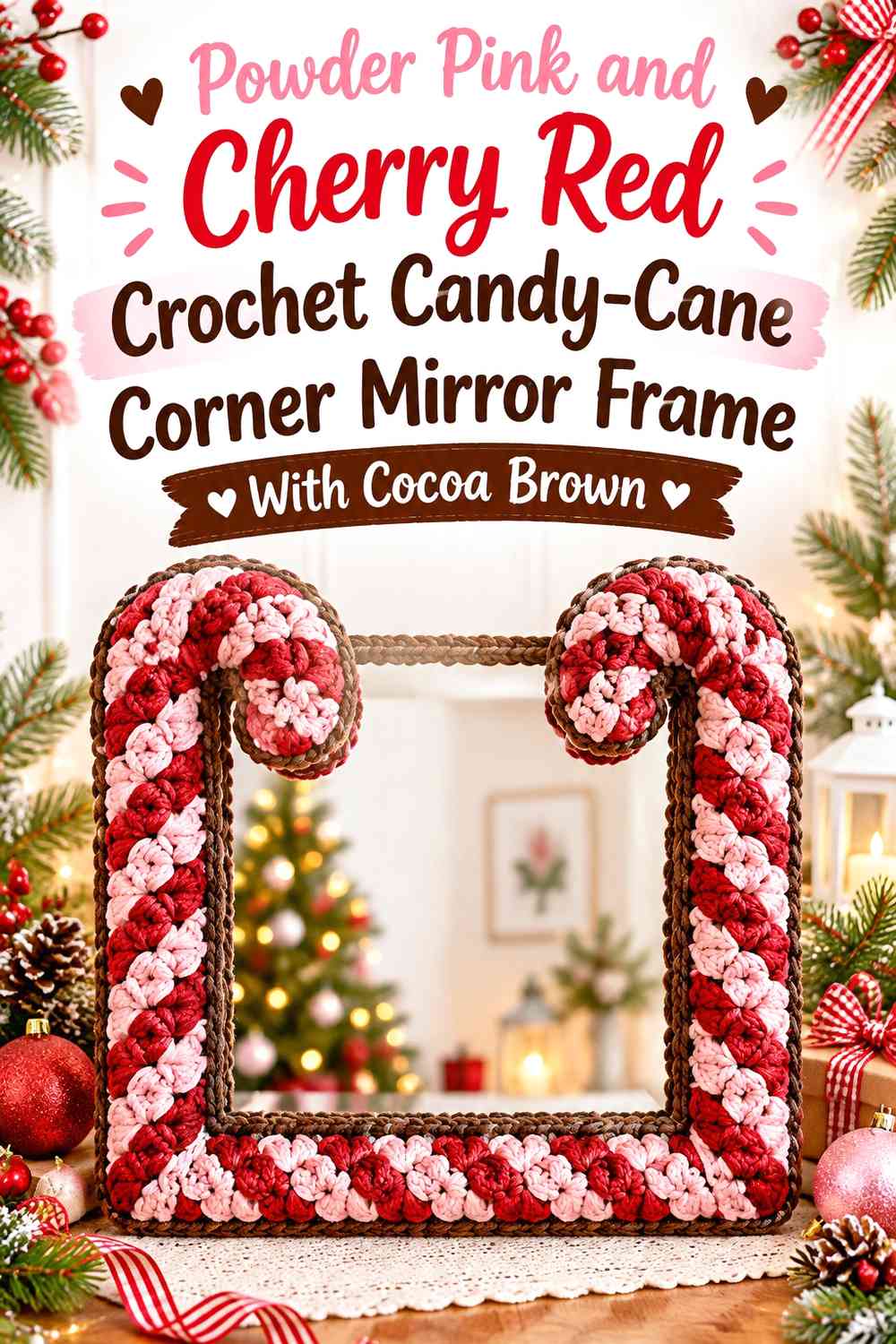 Powder Pink and Cherry Red Crochet Candy-Cane Corner Mirror Frame With Cocoa Brown