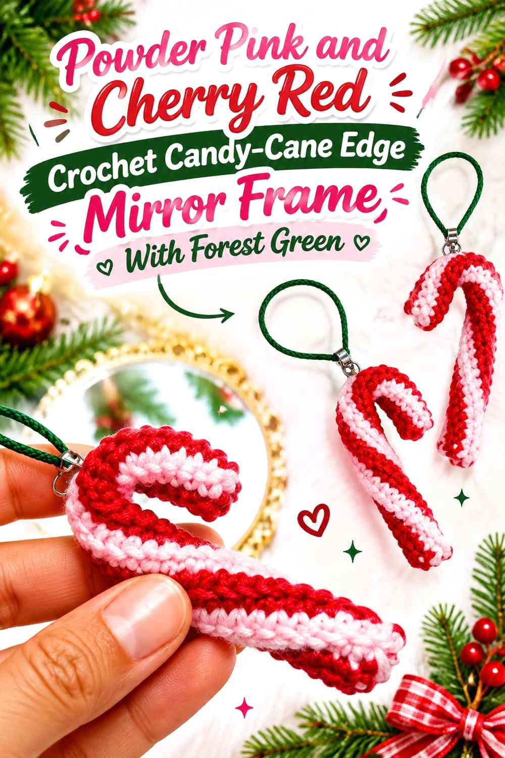 Powder Pink and Cherry Red Crochet Candy-Cane Edge Mirror Frame With Forest Green