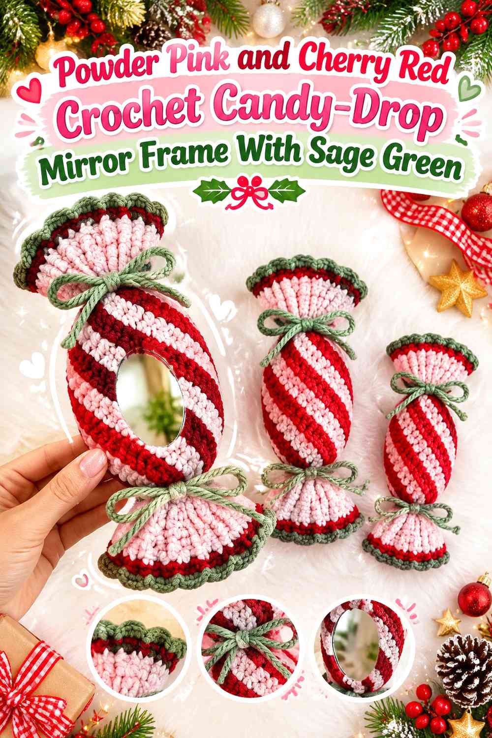 Powder Pink and Cherry Red Crochet Candy-Drop Mirror Frame With Sage Green