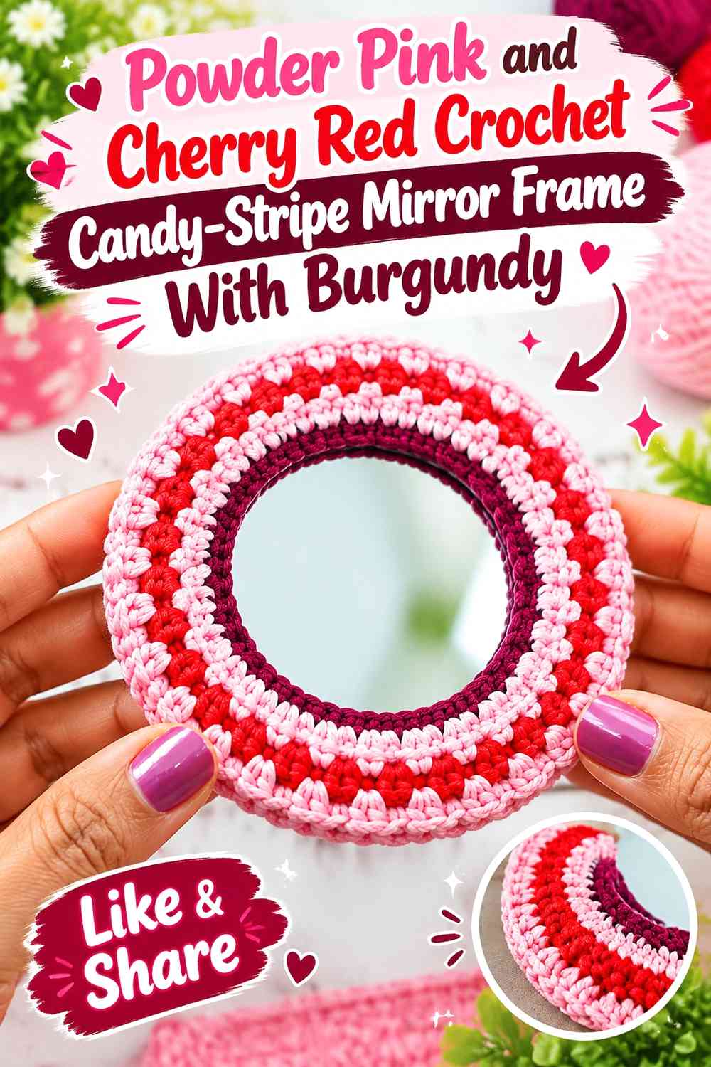 Powder Pink and Cherry Red Crochet Candy-Stripe Mirror Frame With Burgundy