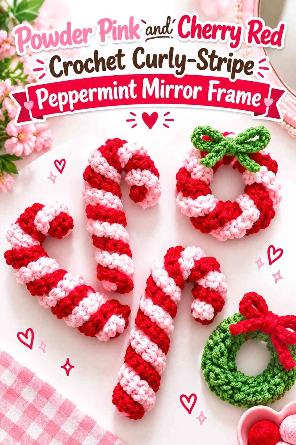 Powder Pink and Cherry Red Crochet Curly-Stripe Peppermint Mirror Frame