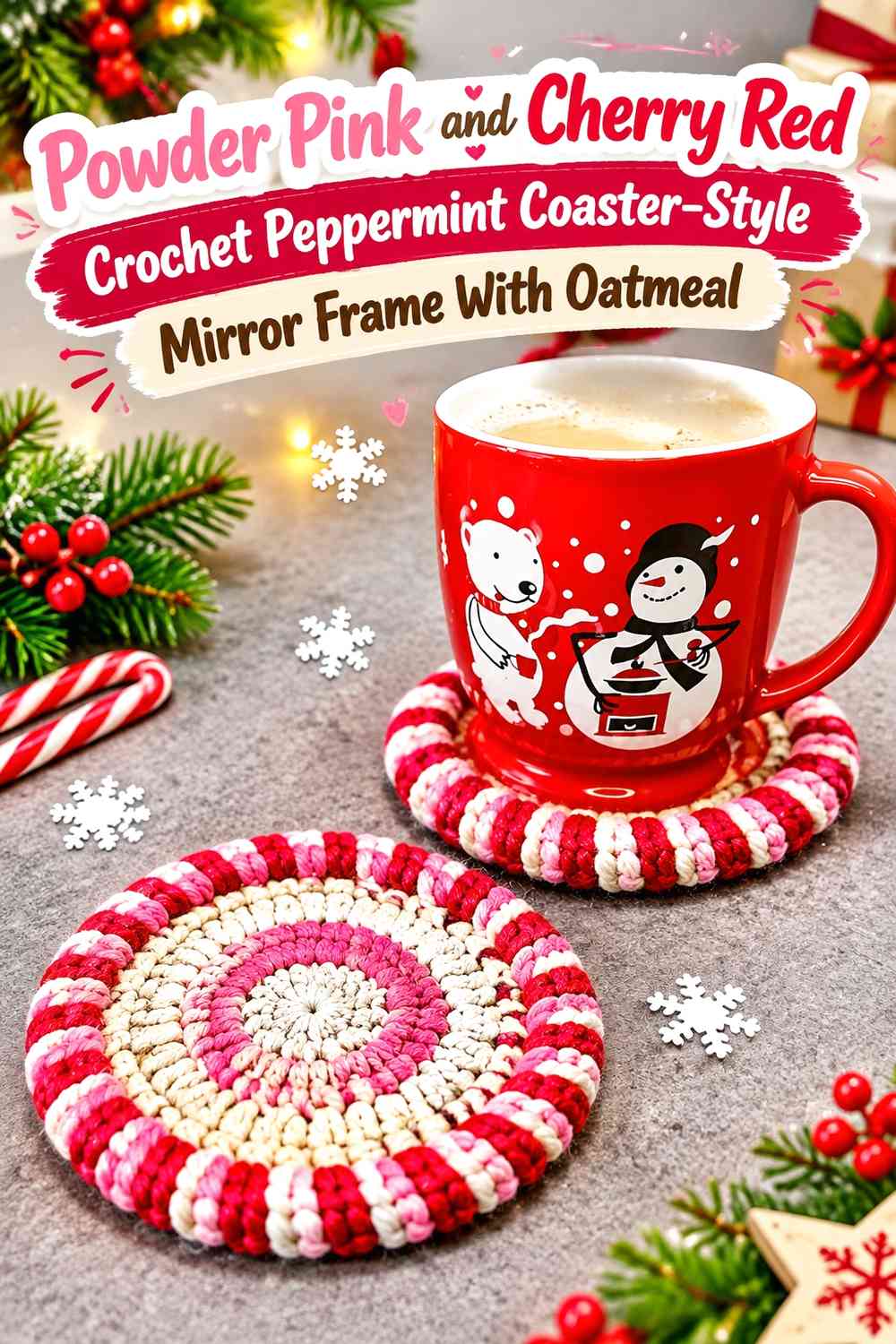 Powder Pink and Cherry Red Crochet Peppermint Coaster-Style Mirror Frame With Oatmeal