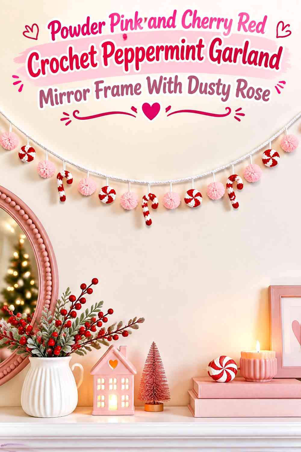 Powder Pink and Cherry Red Crochet Peppermint Garland Mirror Frame With Dusty Rose