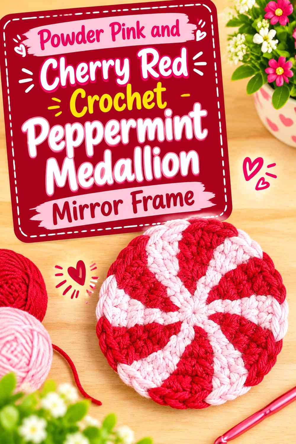 Powder Pink and Cherry Red Crochet Peppermint Medallion Mirror Frame