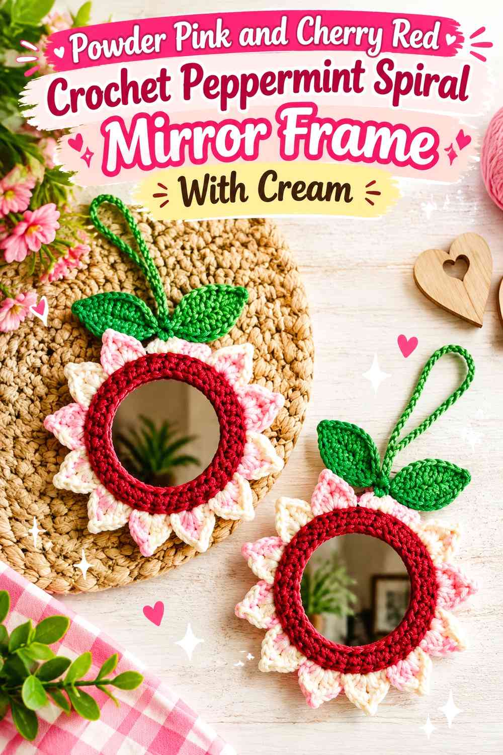 Powder Pink and Cherry Red Crochet Peppermint Spiral Mirror Frame With Cream