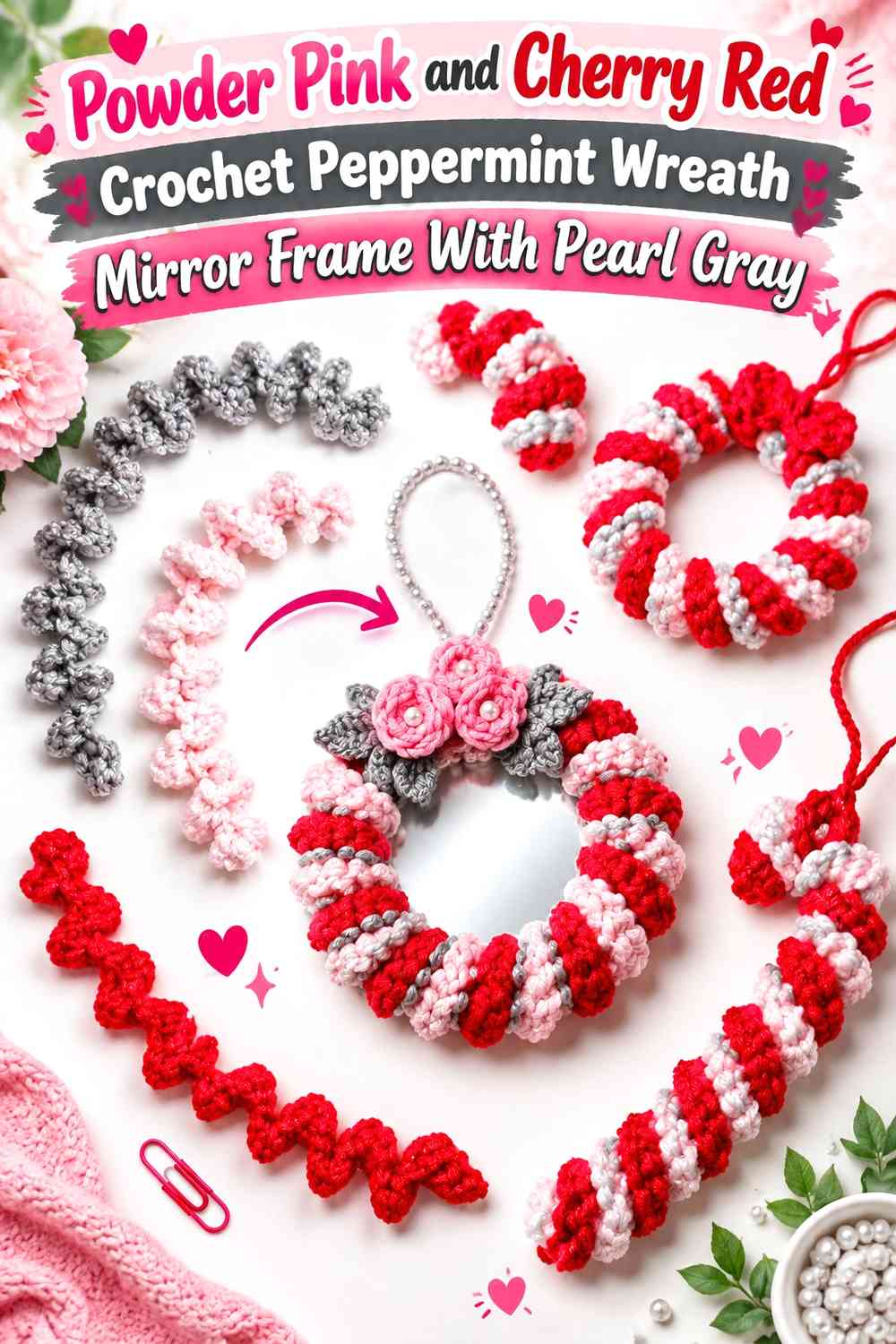 Powder Pink and Cherry Red Crochet Peppermint Wreath Mirror Frame With Pearl Gray