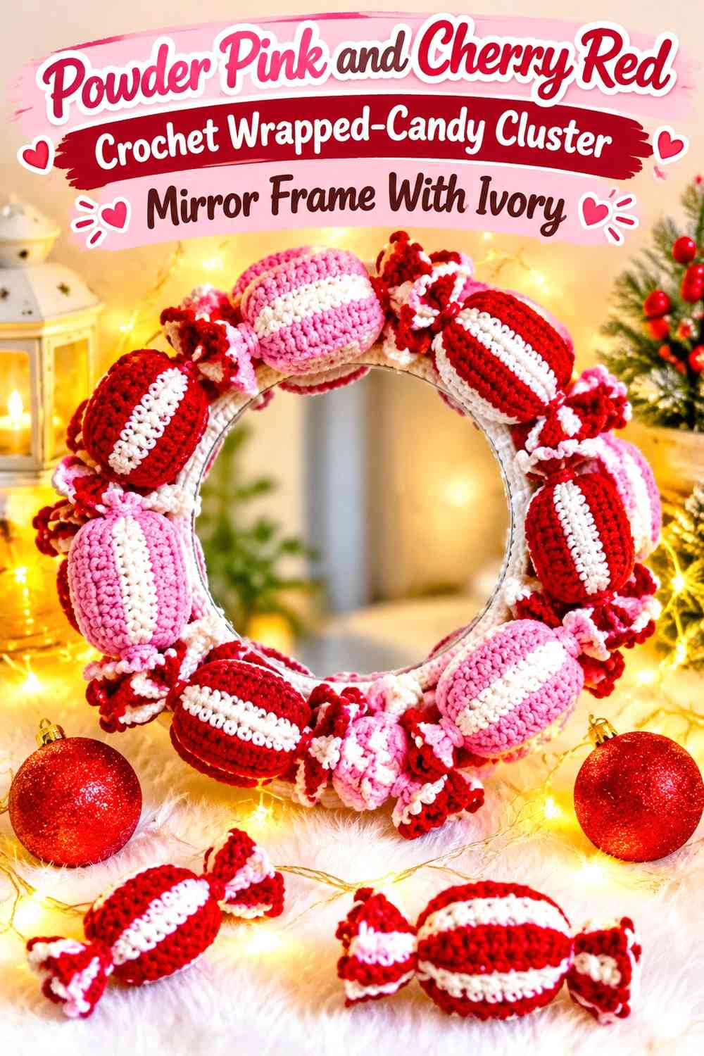 Powder Pink and Cherry Red Crochet Wrapped-Candy Cluster Mirror Frame With Ivory