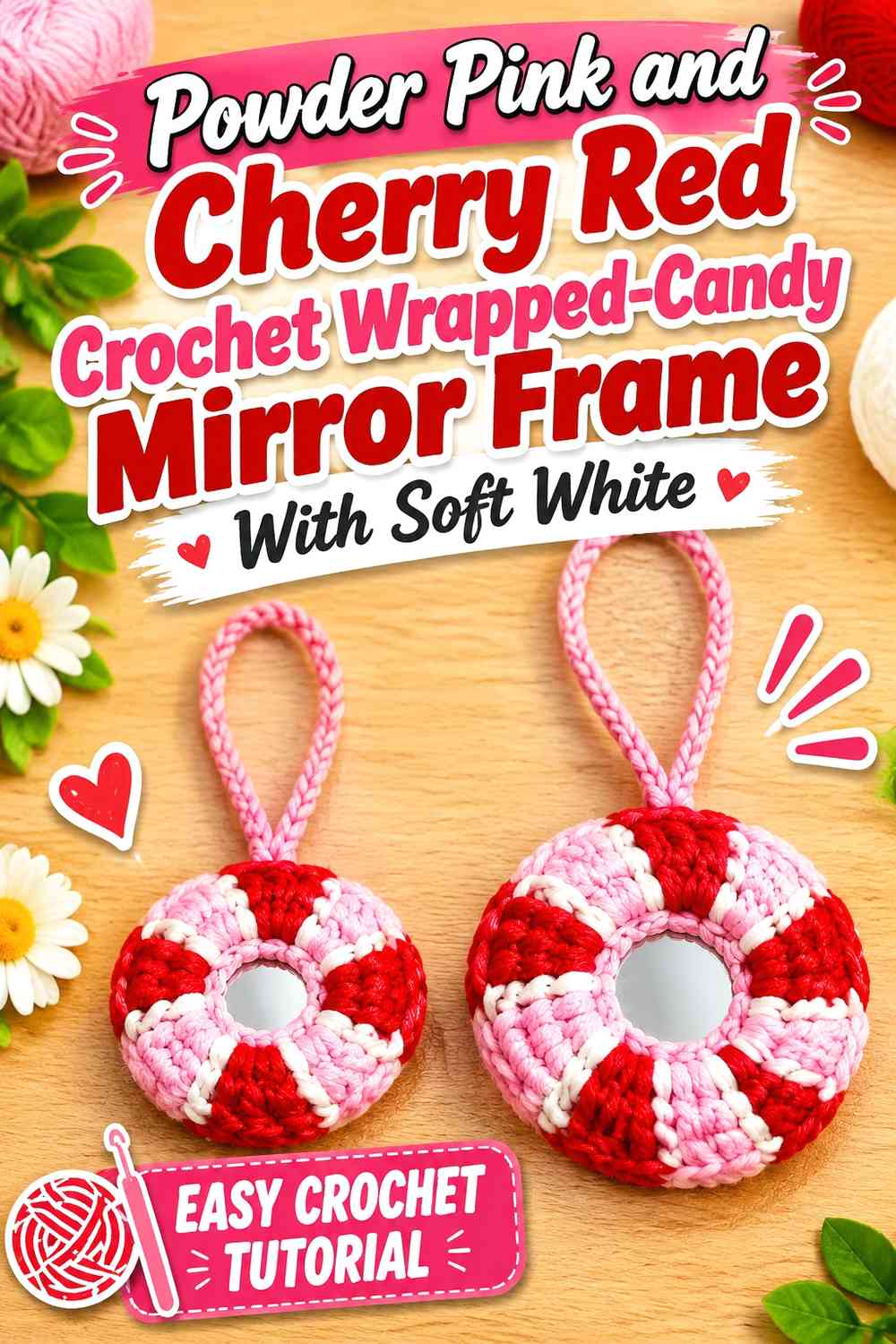 Powder Pink and Cherry Red Crochet Wrapped-Candy Mirror Frame With Soft White