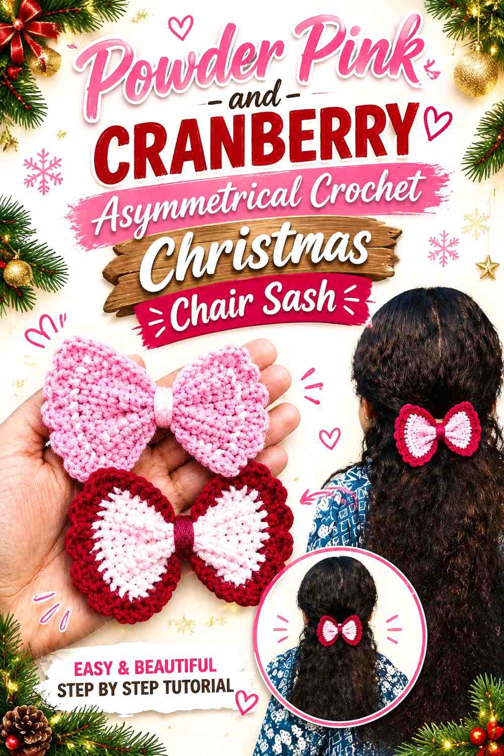 Powder Pink and Cranberry Asymmetrical Crochet Christmas Chair Sash