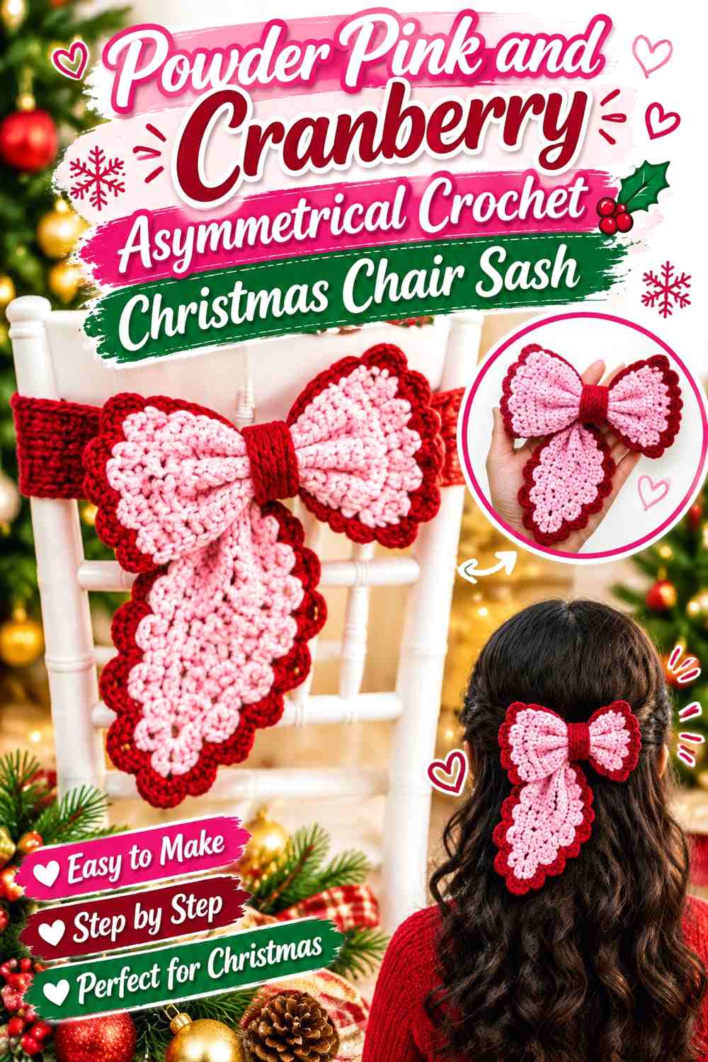 Powder Pink and Cranberry Asymmetrical Crochet Christmas Chair Sash