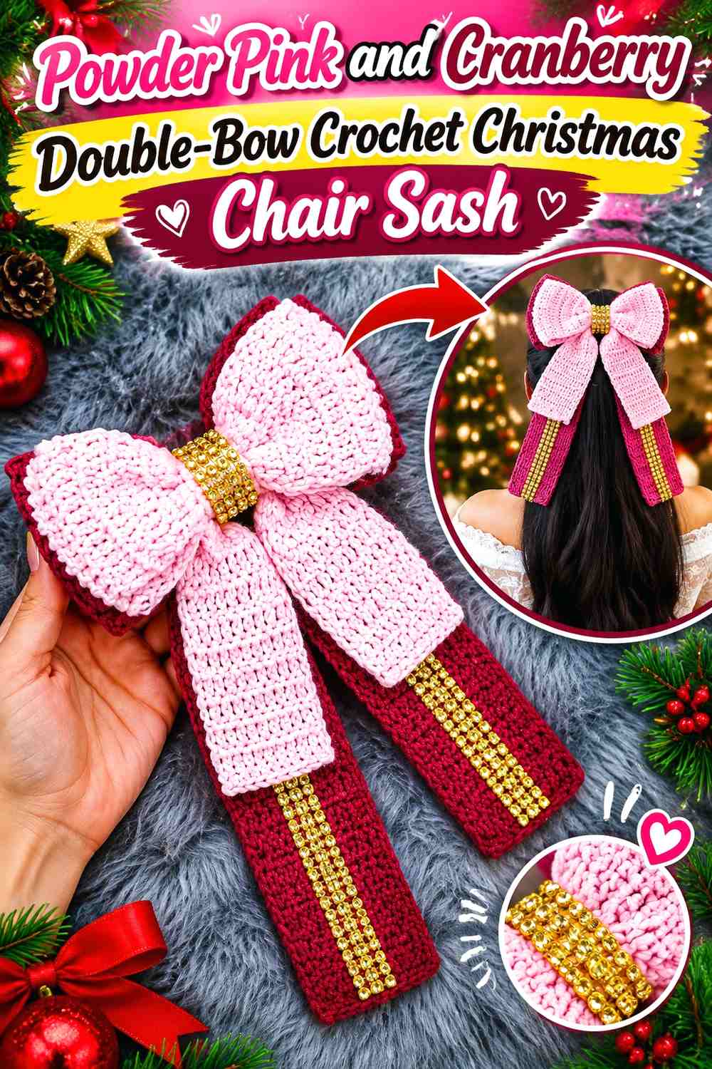 Powder Pink and Cranberry Double-Bow Crochet Christmas Chair Sash