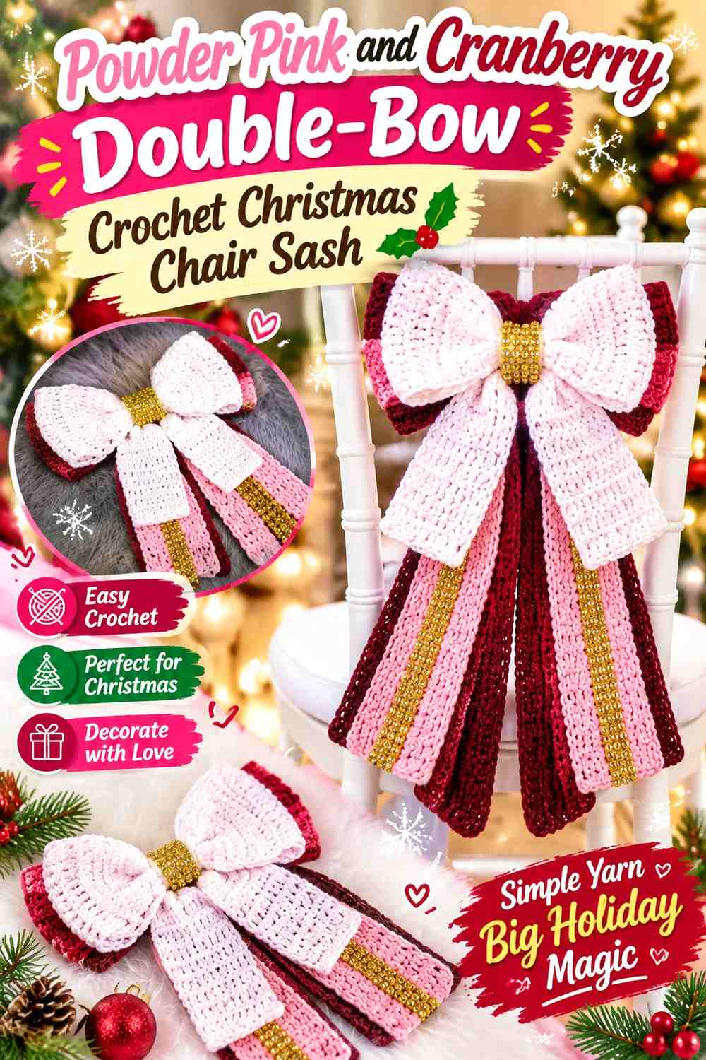 Powder Pink and Cranberry Double-Bow Crochet Christmas Chair Sash