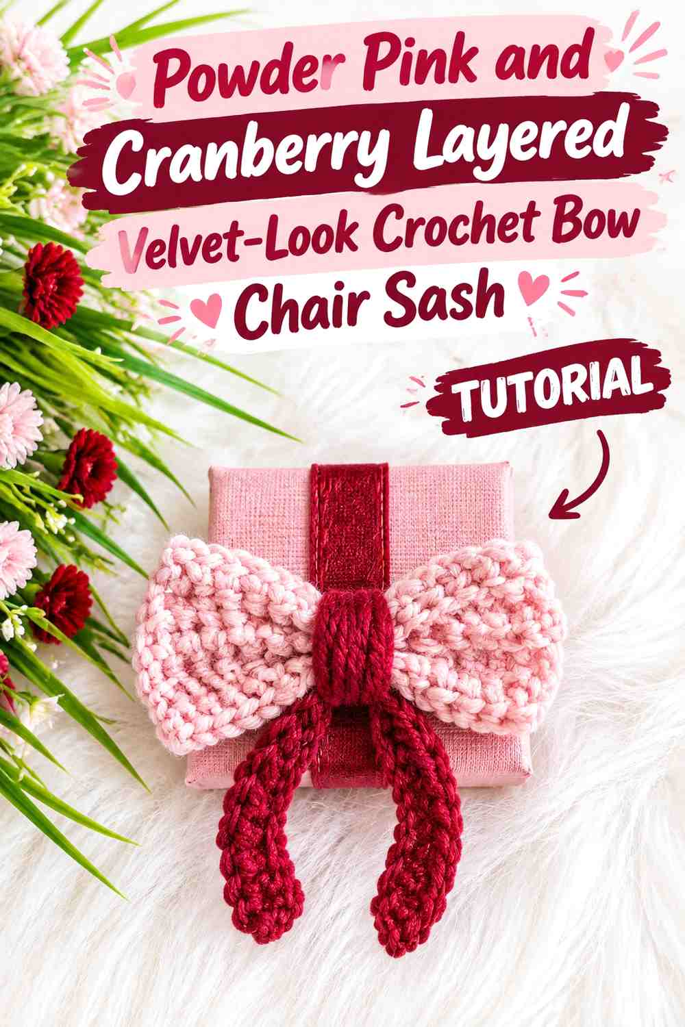 Powder Pink and Cranberry Layered Velvet-Look Crochet Bow Chair Sash