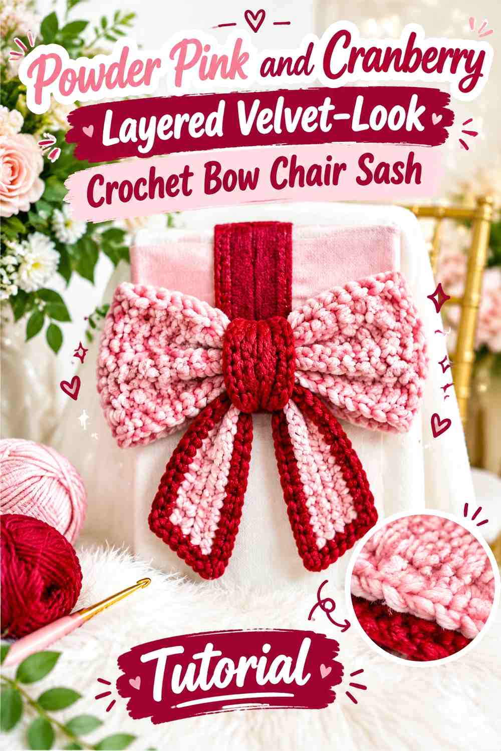 Powder Pink and Cranberry Layered Velvet-Look Crochet Bow Chair Sash