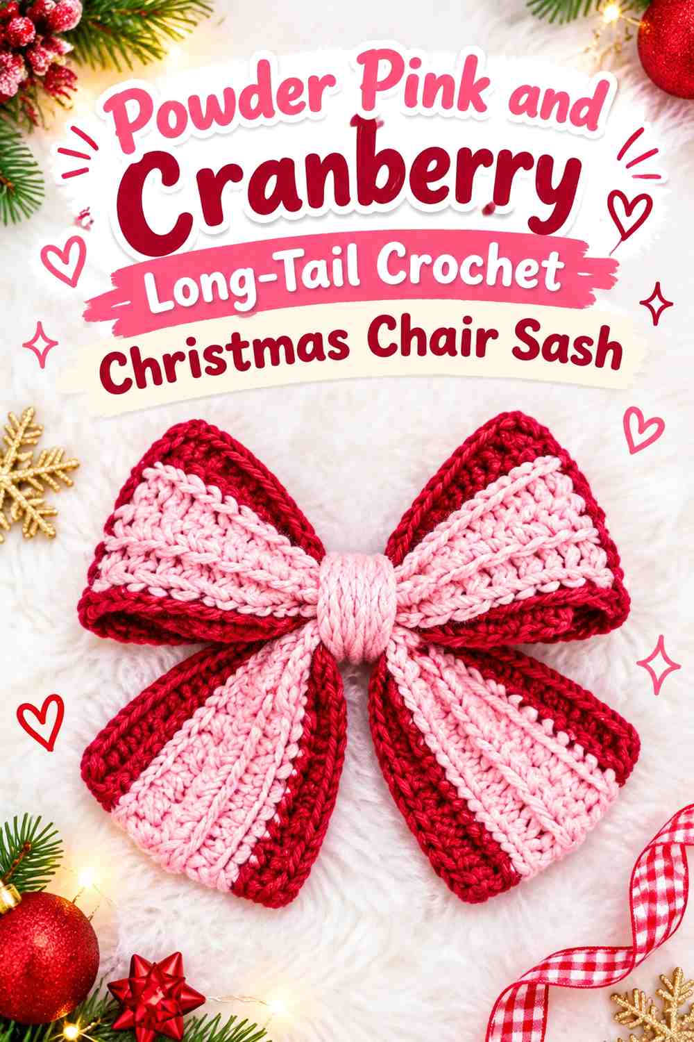 Powder Pink and Cranberry Long-Tail Crochet Christmas Chair Sash