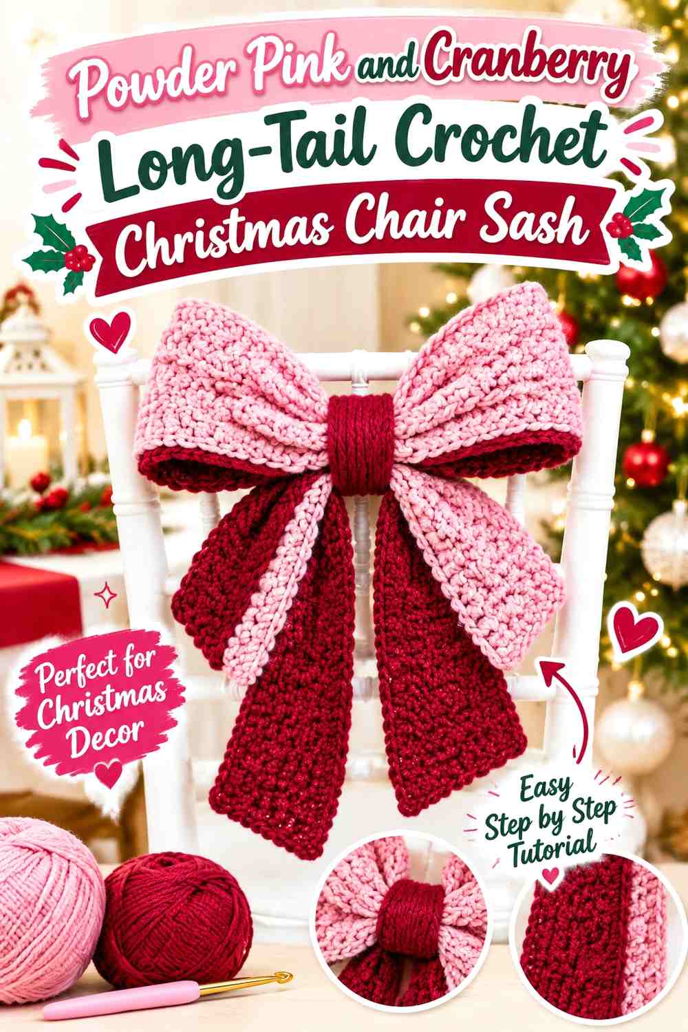 Powder Pink and Cranberry Long-Tail Crochet Christmas Chair Sash