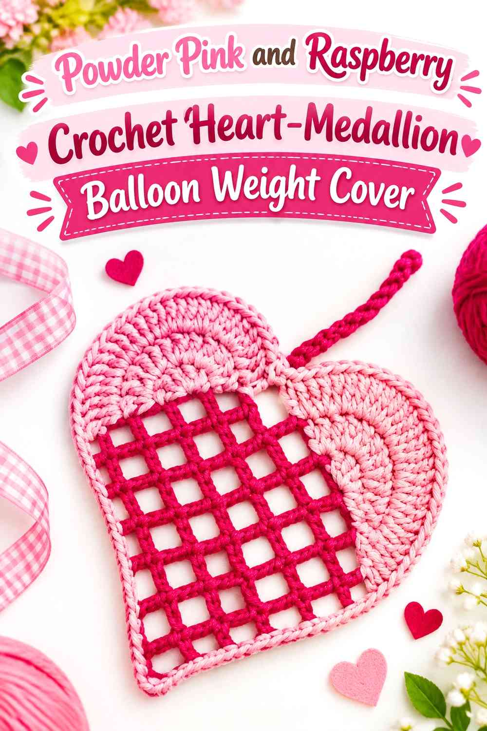 Powder Pink and Raspberry Crochet Heart-Medallion Balloon Weight Cover