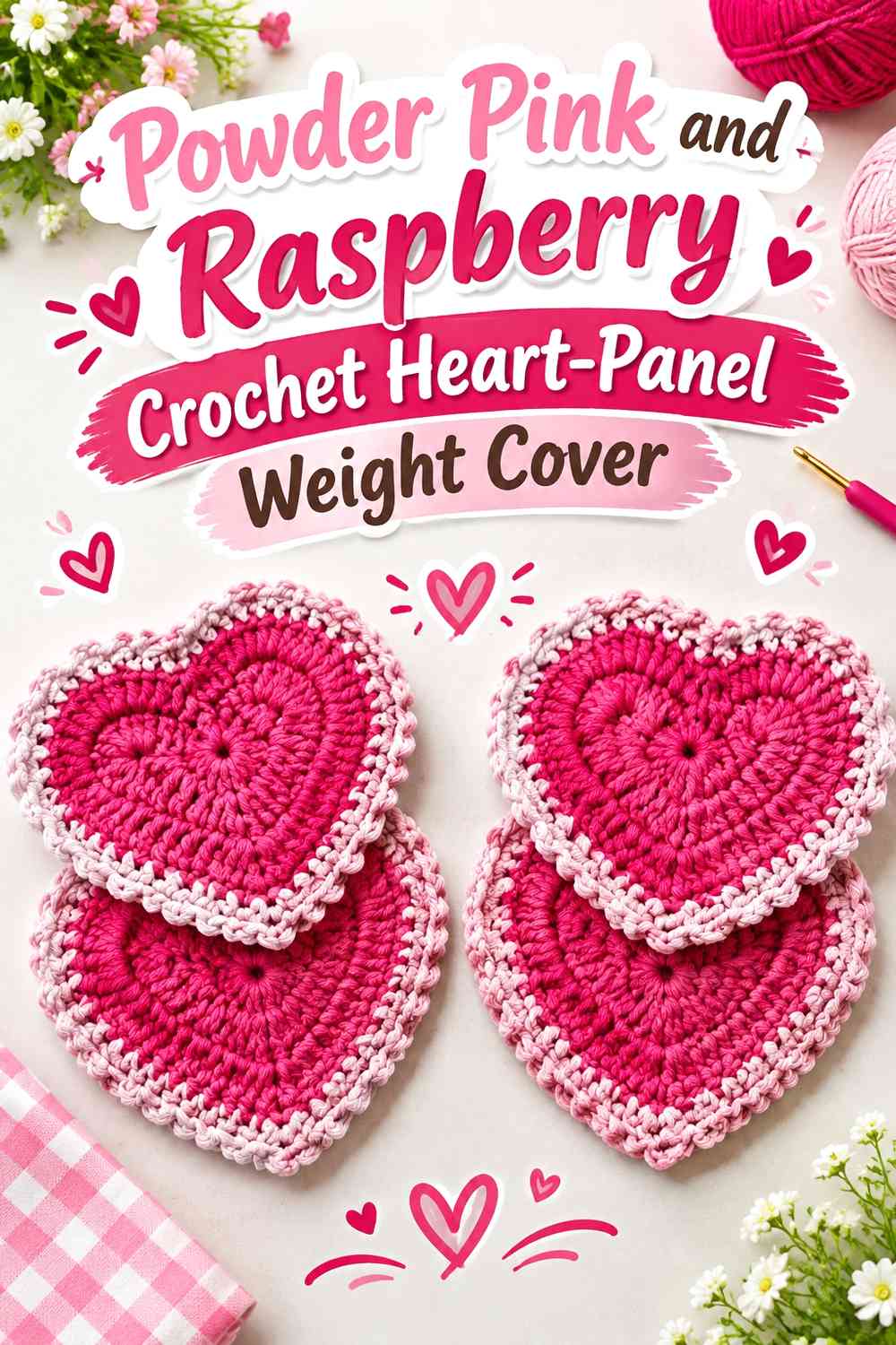 Powder Pink and Raspberry Crochet Heart-Panel Weight Cover