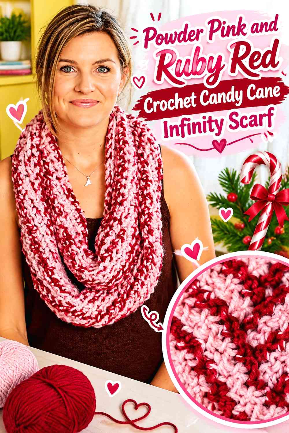 Powder Pink and Ruby Red Crochet Candy Cane Infinity Scarf