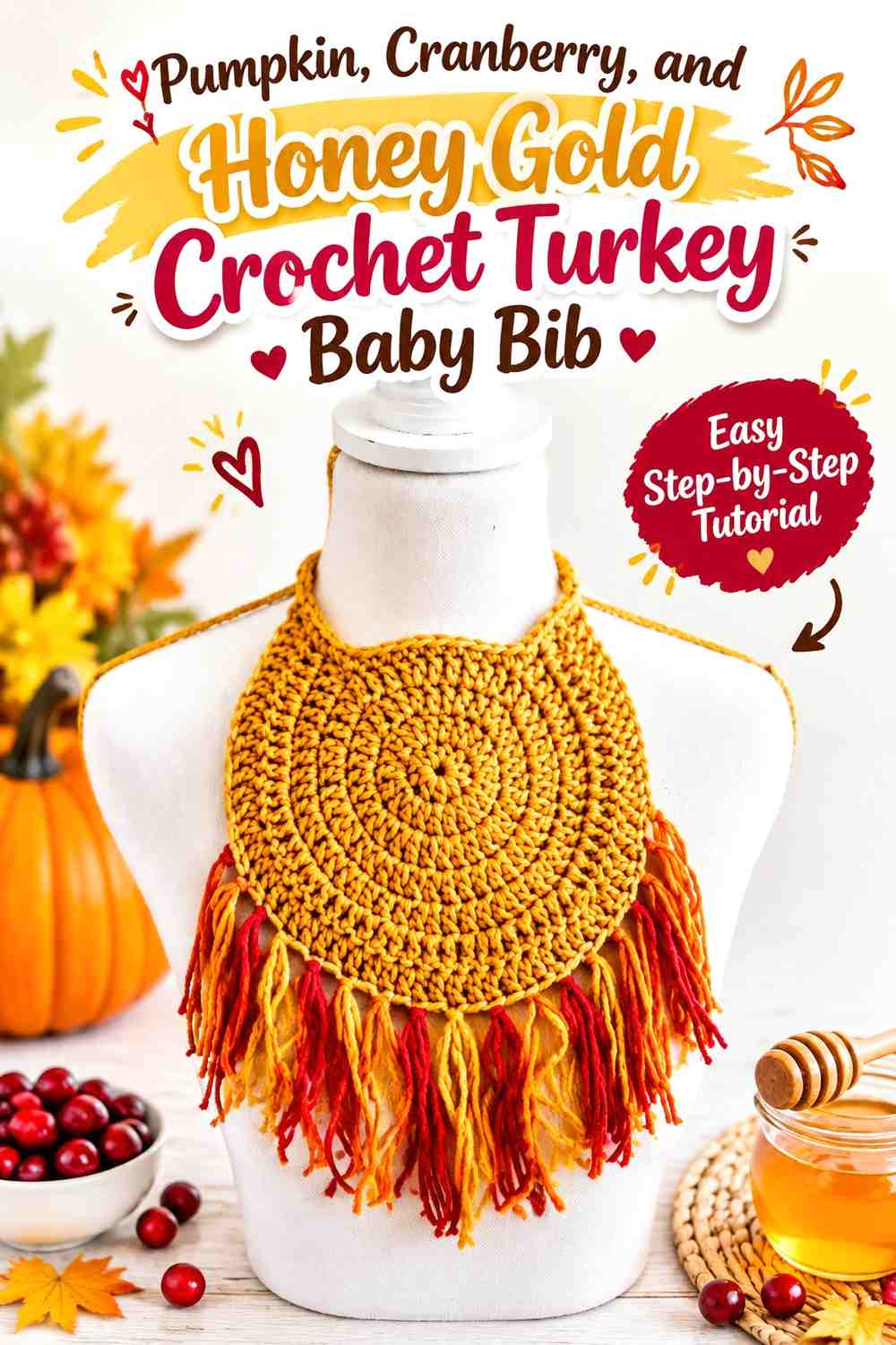 Pumpkin, Cranberry, and Honey Gold Crochet Turkey Baby Bib