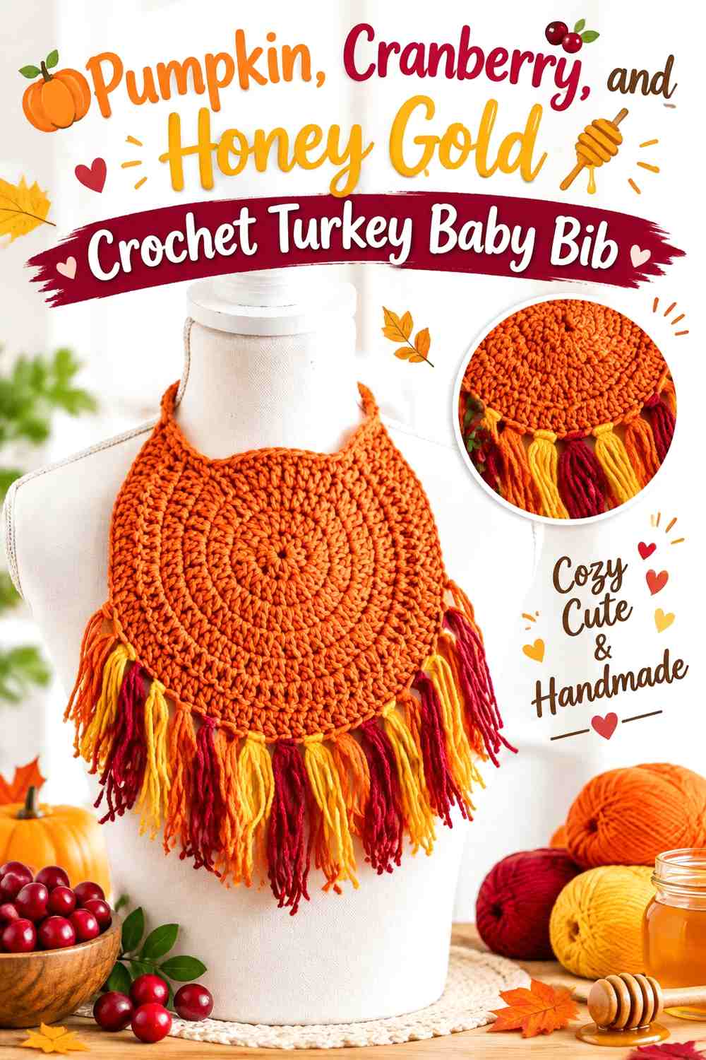 Pumpkin, Cranberry, and Honey Gold Crochet Turkey Baby Bib