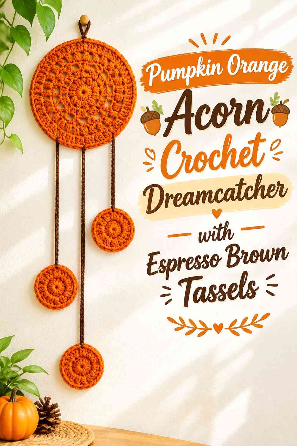 Pumpkin Orange Acorn Crochet Dreamcatcher with Espresso Brown Tassels