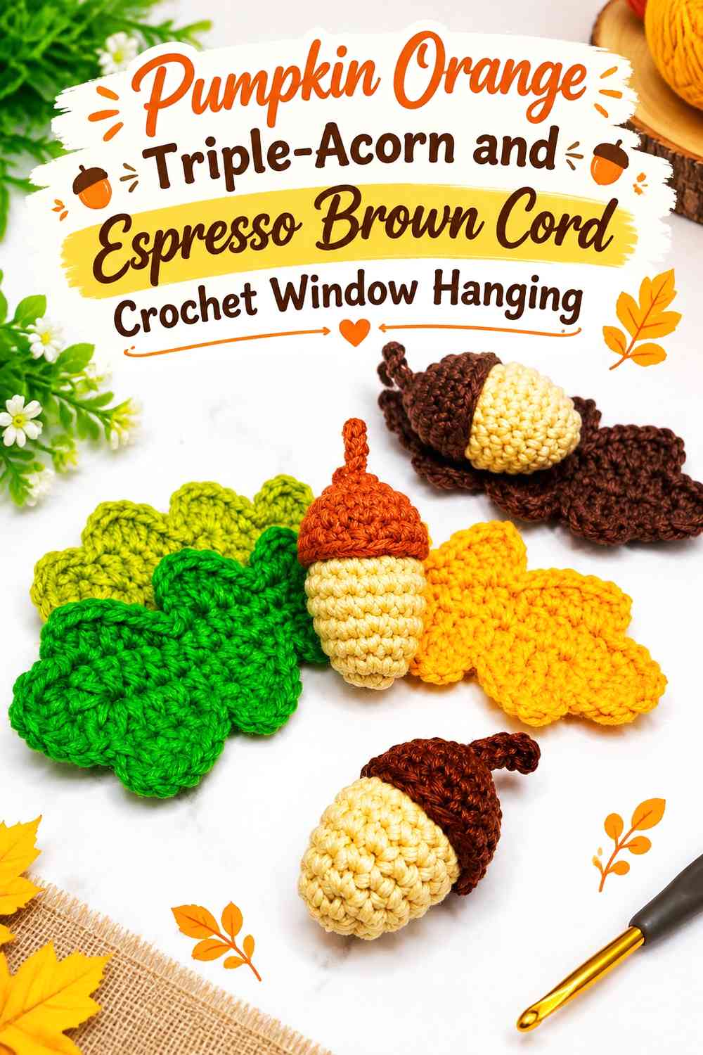 Pumpkin Orange Triple-Acorn and Espresso Brown Cord Crochet Window Hanging