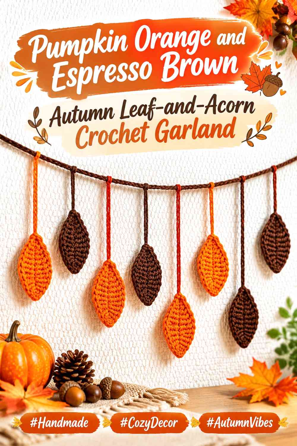Pumpkin Orange and Espresso Brown Autumn Leaf-and-Acorn Crochet Garland