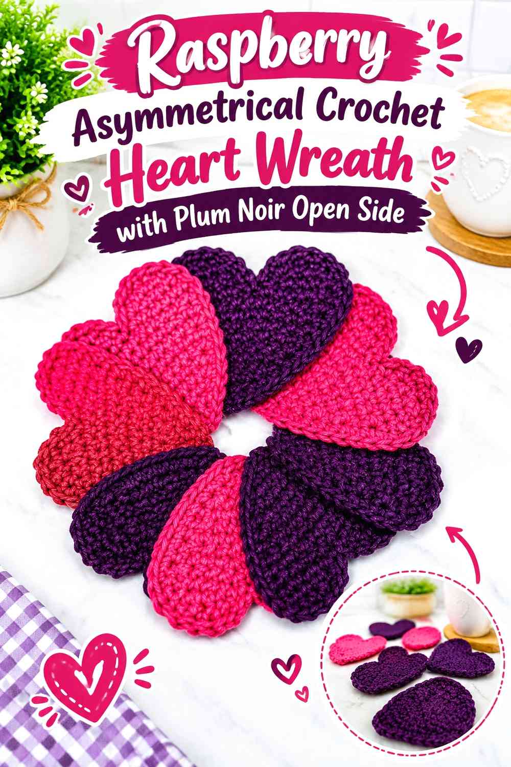 Raspberry Asymmetrical Crochet Heart Wreath with Plum Noir Open Side