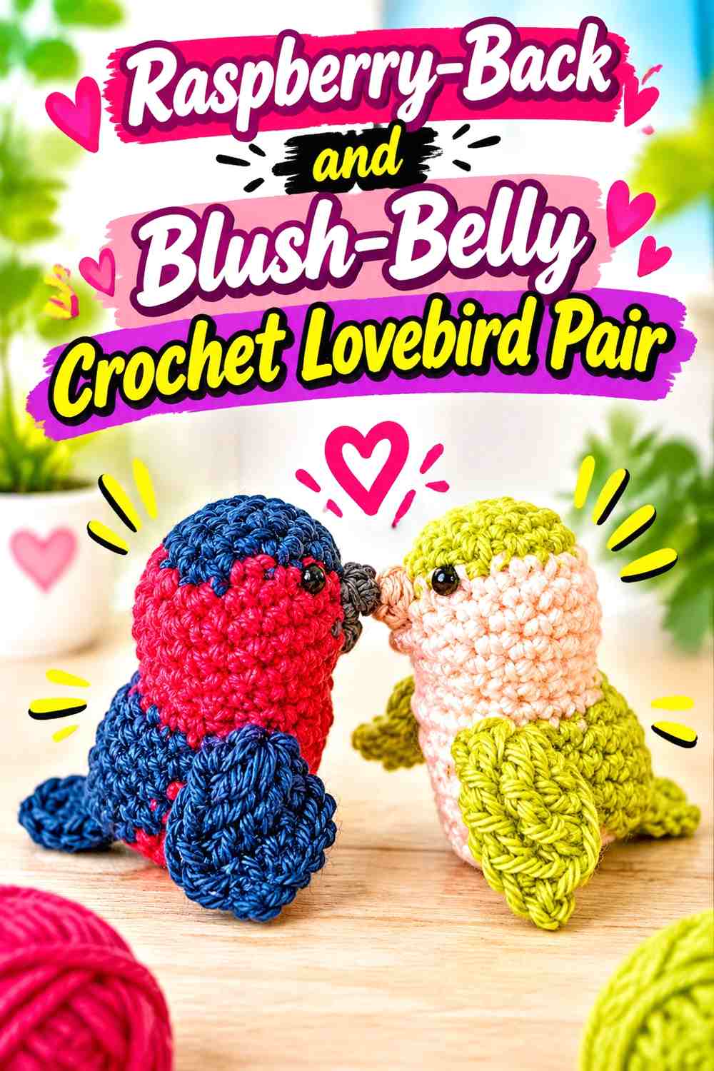 Raspberry-Back and Blush-Belly Crochet Lovebird Pair