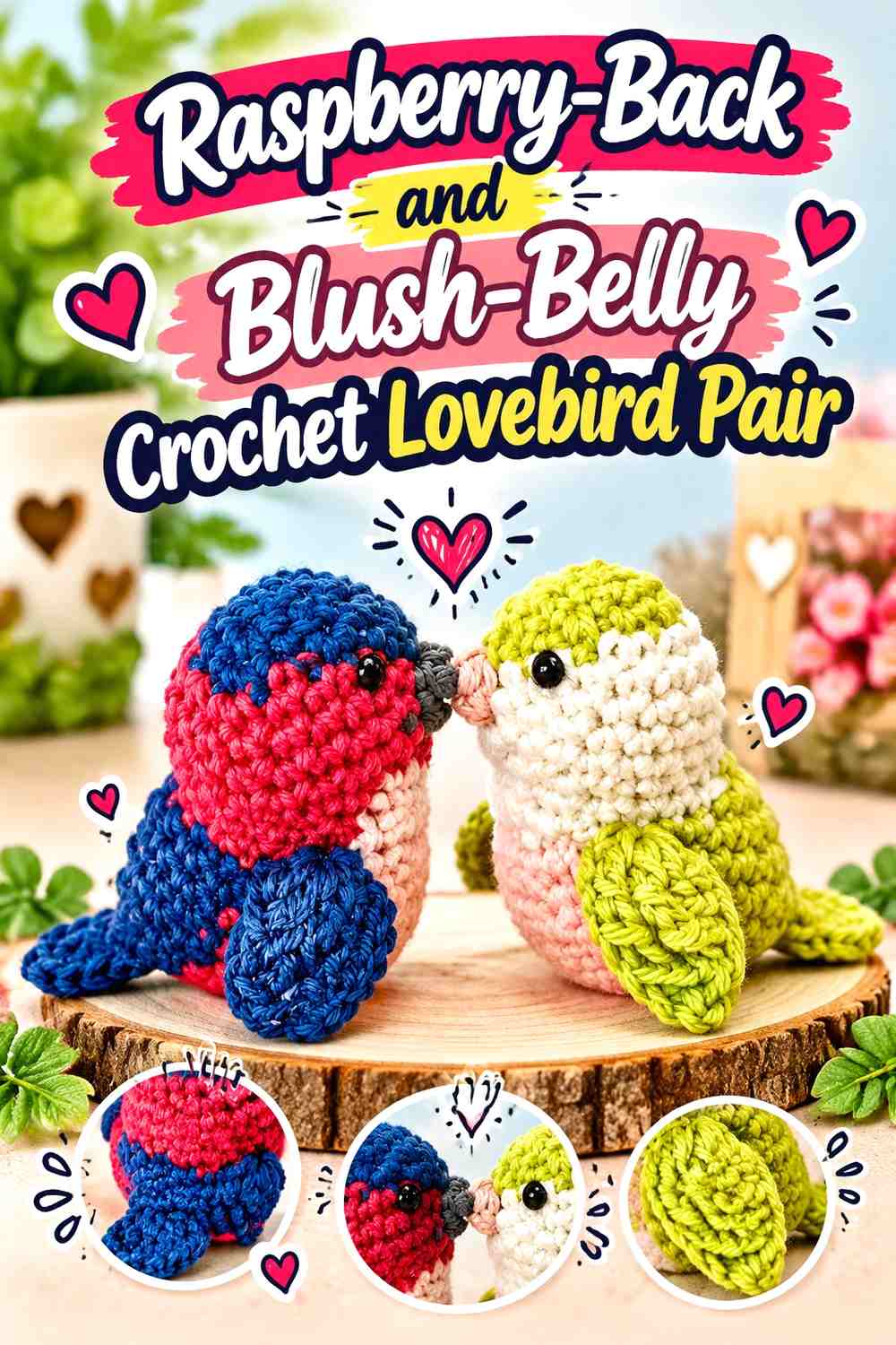 Raspberry-Back and Blush-Belly Crochet Lovebird Pair