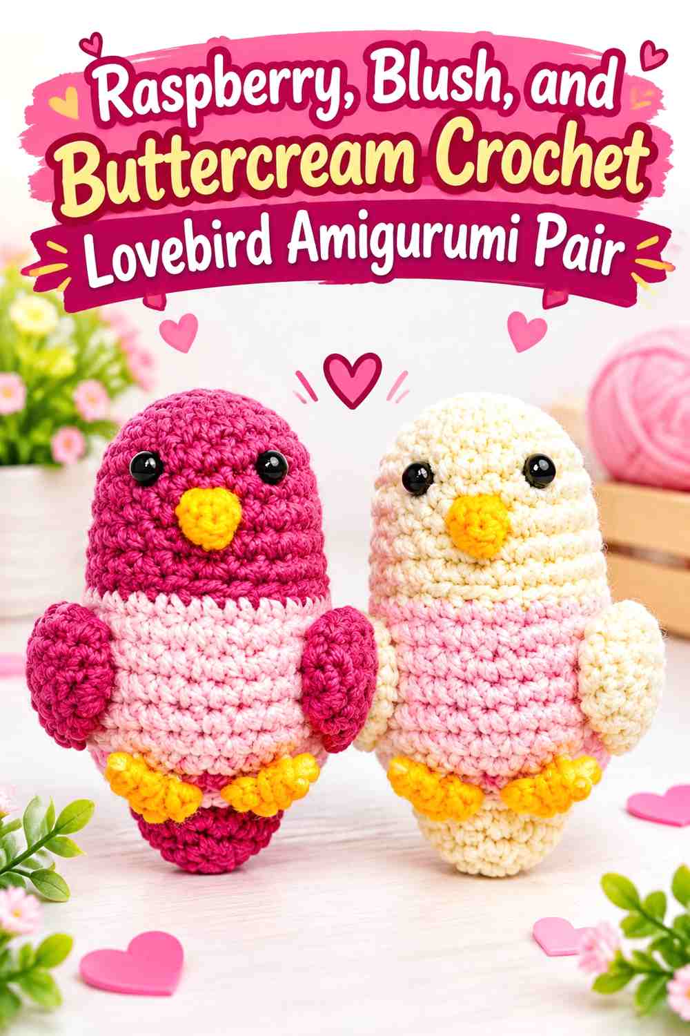 Raspberry, Blush, and Buttercream Crochet Lovebird Amigurumi Pair