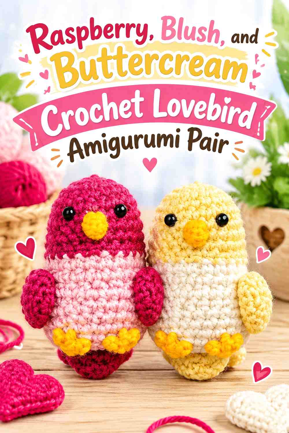 Raspberry, Blush, and Buttercream Crochet Lovebird Amigurumi Pair