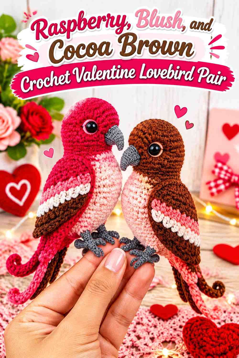 Raspberry, Blush, and Cocoa Brown Crochet Valentine Lovebird Pair