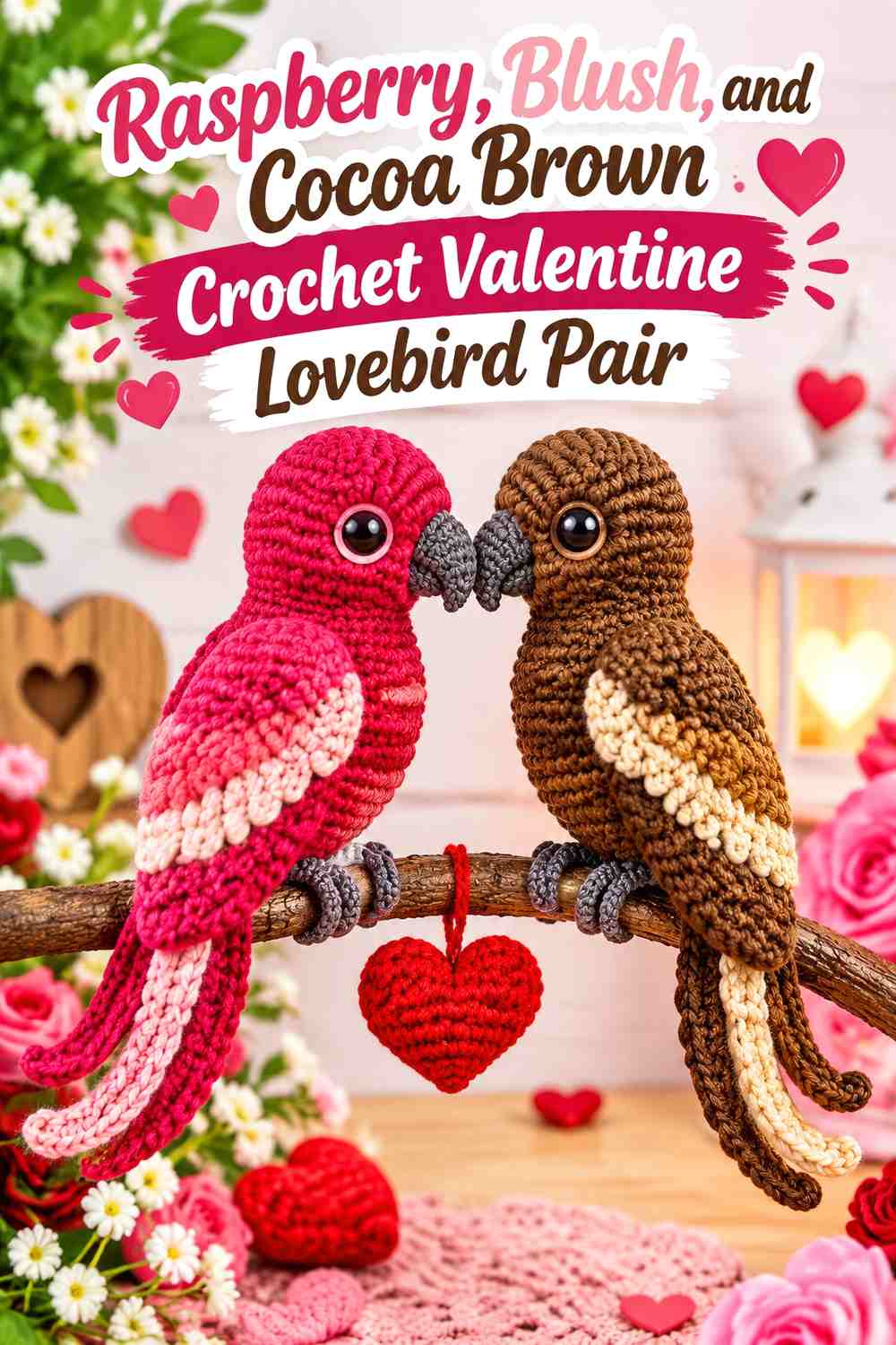 Raspberry, Blush, and Cocoa Brown Crochet Valentine Lovebird Pair