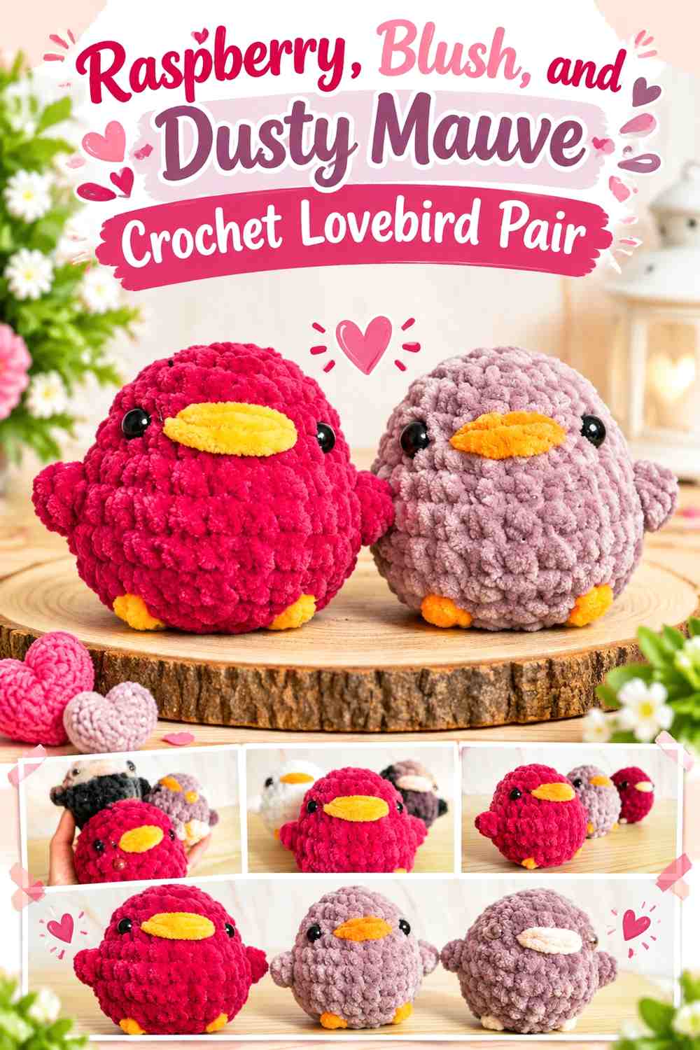 Raspberry, Blush, and Dusty Mauve Crochet Lovebird Pair