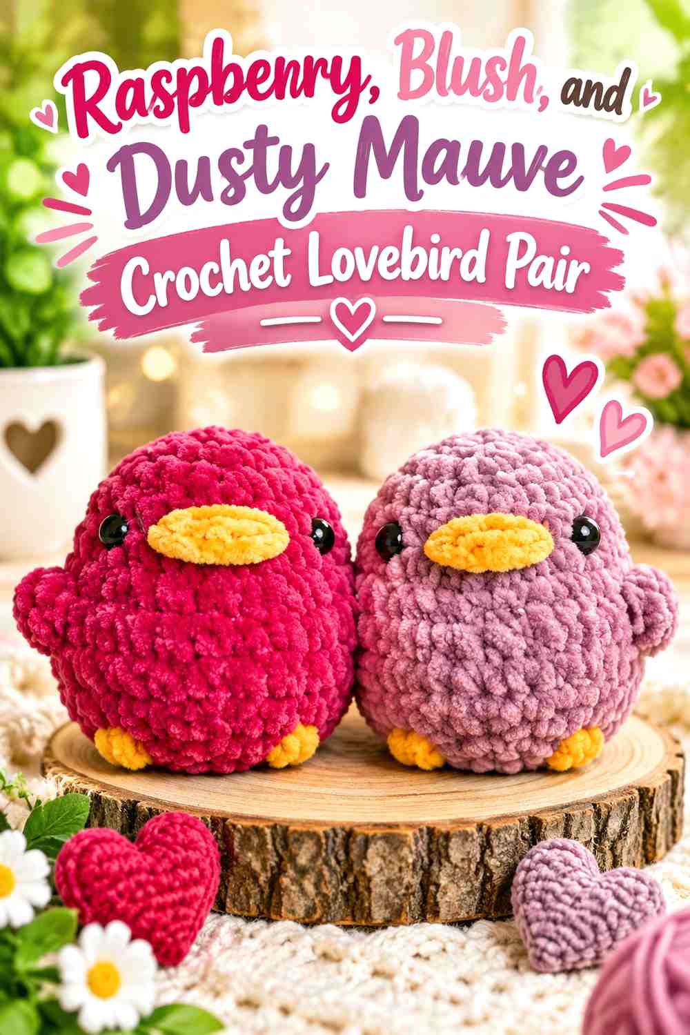 Raspberry, Blush, and Dusty Mauve Crochet Lovebird Pair