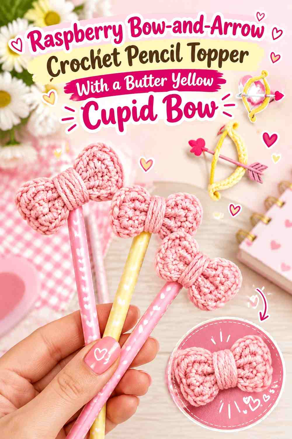 Raspberry Bow-and-Arrow Crochet Pencil Topper With a Butter Yellow Cupid Bow