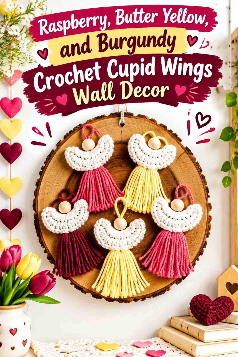Raspberry, Butter Yellow, and Burgundy Crochet Cupid Wings Wall Decor