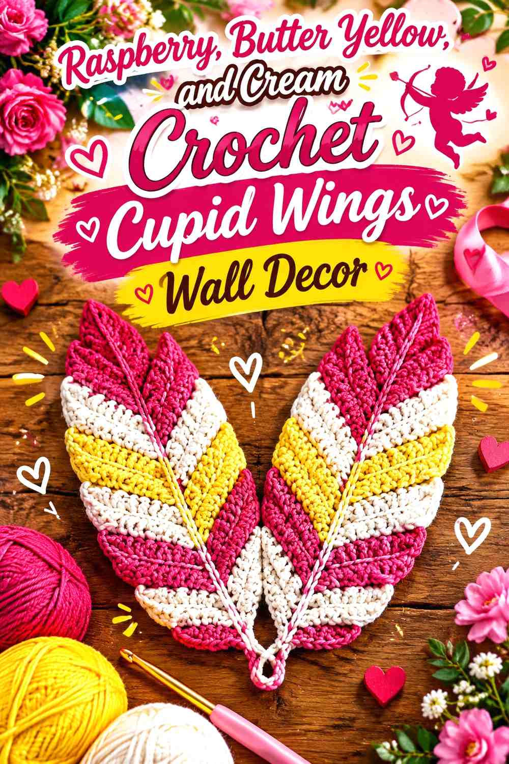 Raspberry, Butter Yellow, and Cream Crochet Cupid Wings Wall Decor