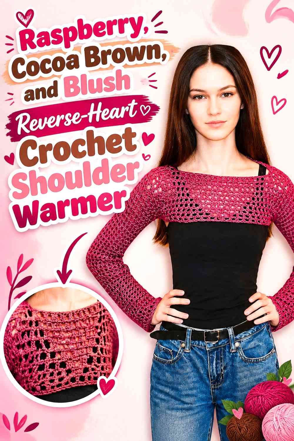 Raspberry, Cocoa Brown, and Blush Reverse-Heart Crochet Shoulder Warmer