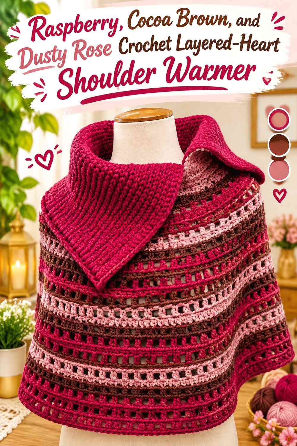 Raspberry, Cocoa Brown, and Dusty Rose Crochet Layered-Heart Shoulder Warmer