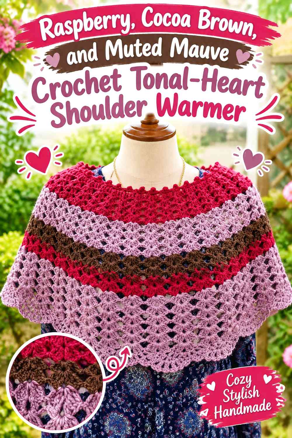 Raspberry, Cocoa Brown, and Muted Mauve Crochet Tonal-Heart Shoulder Warmer