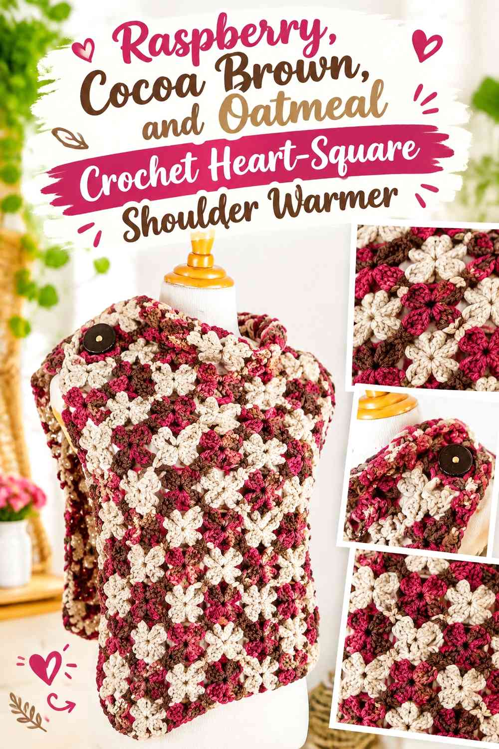 Raspberry, Cocoa Brown, and Oatmeal Crochet Heart-Square Shoulder Warmer