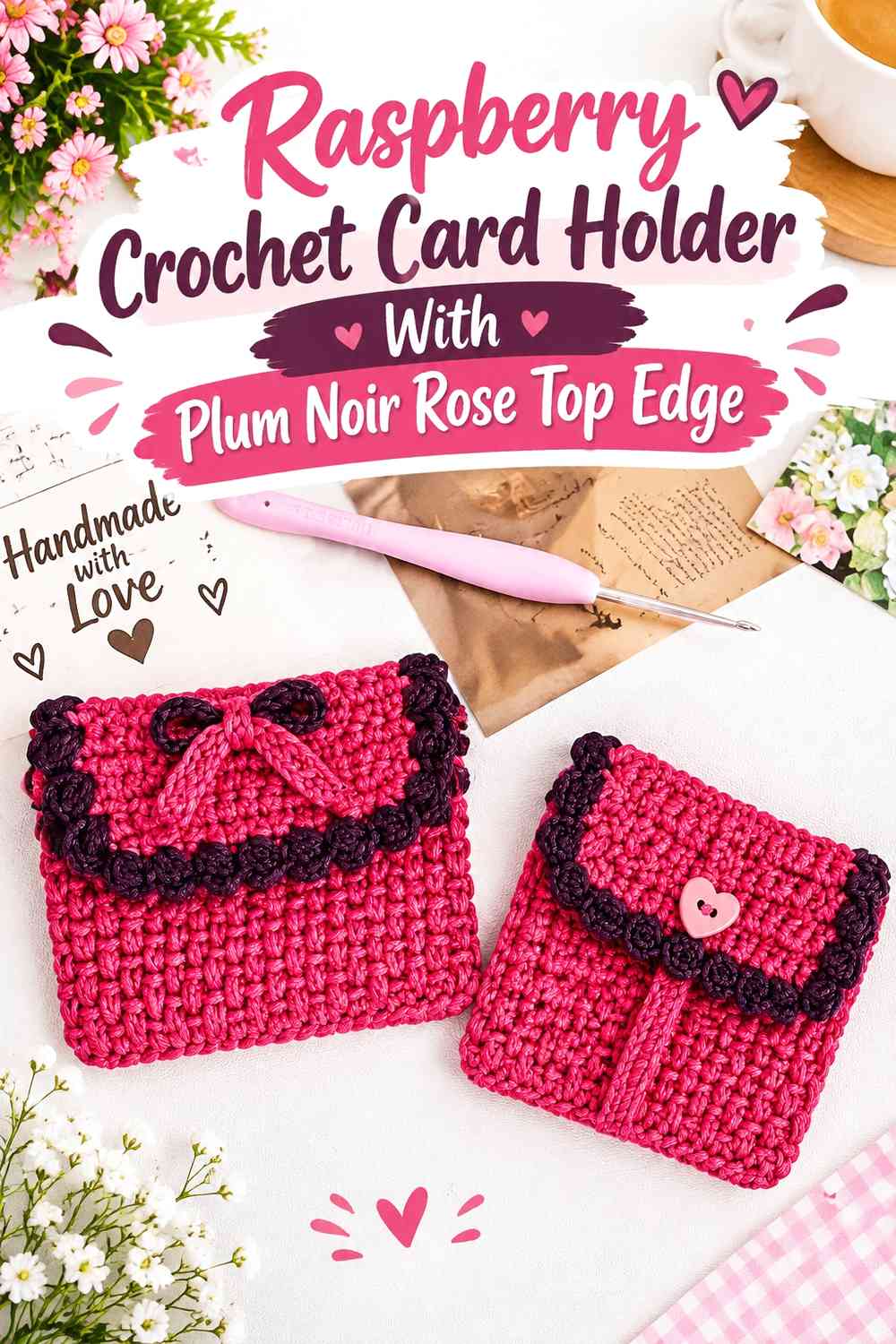 Raspberry Crochet Card Holder With Plum Noir Rose Top Edge