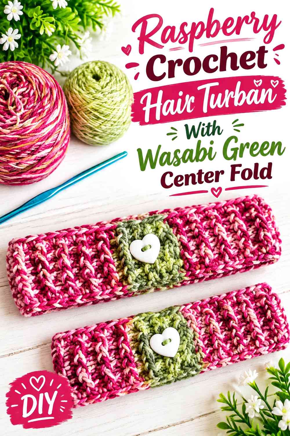 Raspberry Crochet Hair Turban With Wasabi Green Center Fold