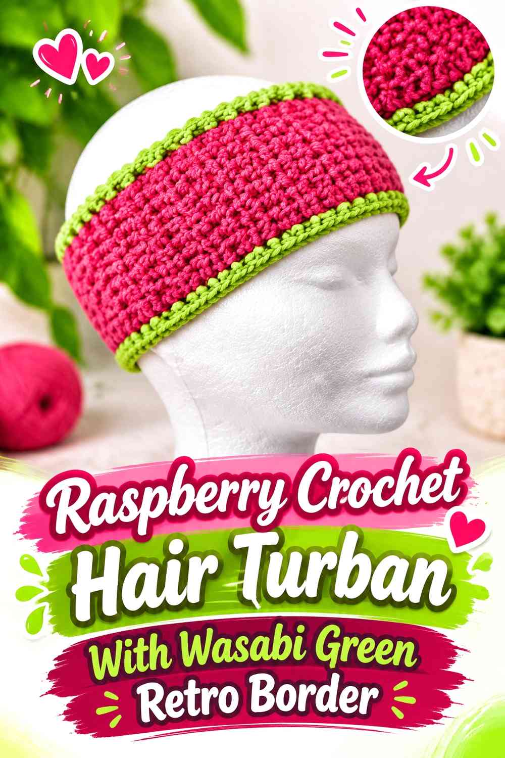 Raspberry Crochet Hair Turban With Wasabi Green Retro Border
